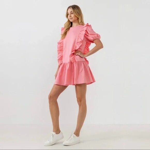English Factory Mixed Media Ruffle Detail Mini Dress Pink Puff Sleeve S, NWOT - Picture 1 of 13